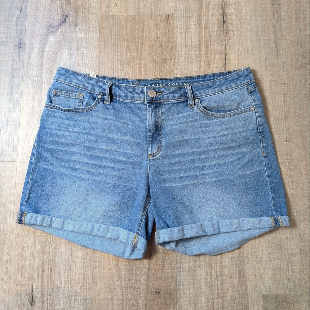 LC Lauren Conrad Blue Denim Shorts Size 14 Stretch Cuffed Mid Rise 5" Women's